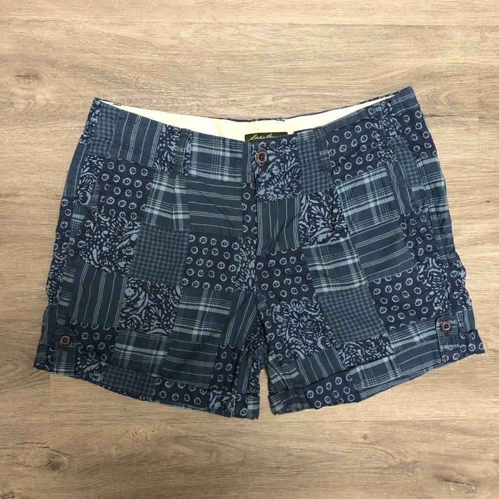 Eddie Bauer Women's Size 10 Shaw Fit Shorts Blue Madras Plaid Patchwork Bermudas